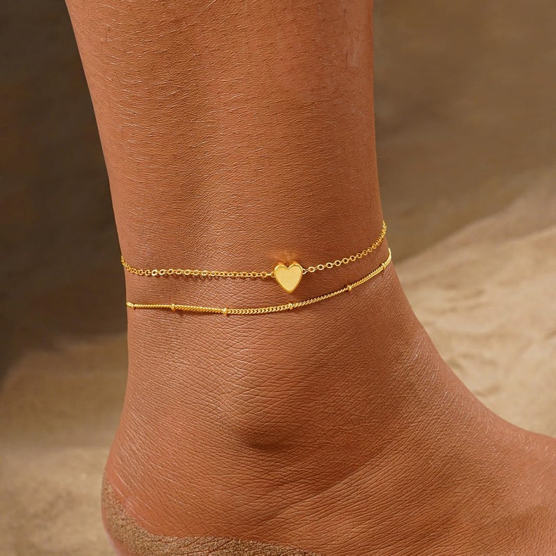 LEXODY Gold Ankle Bracelets for Women Waterproof, 14K Gold/Silver Plated Layered Beaded Heart Anklets for Women Trendy Dainty Cuban Link Chain Anklets Set Summer Beach Jewelry Gift - Image 2
